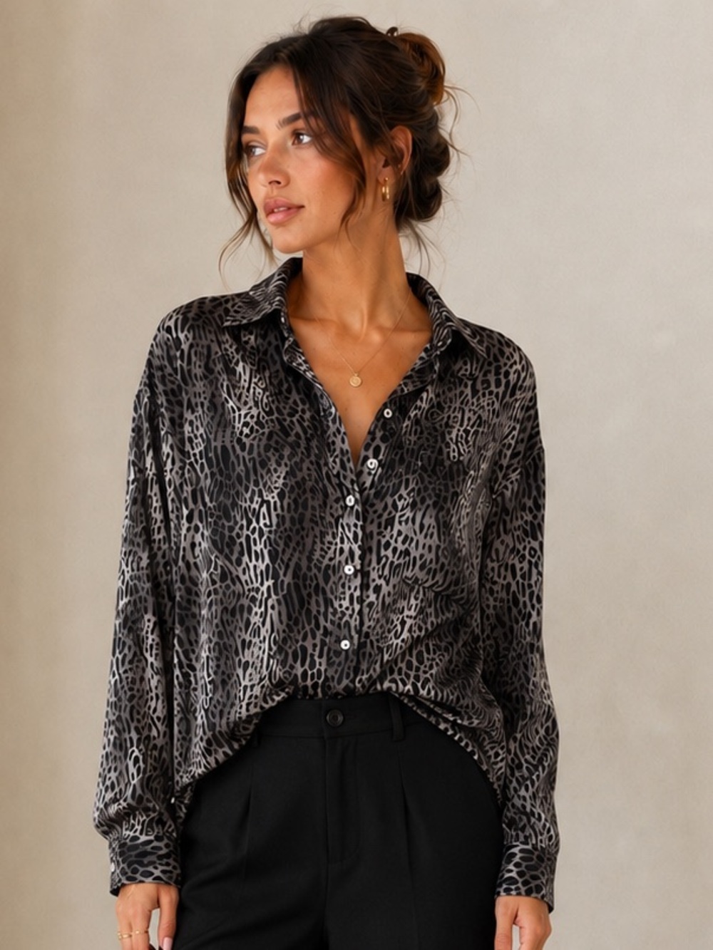 POL Black and Gray Animal Print Button-Up Shirt